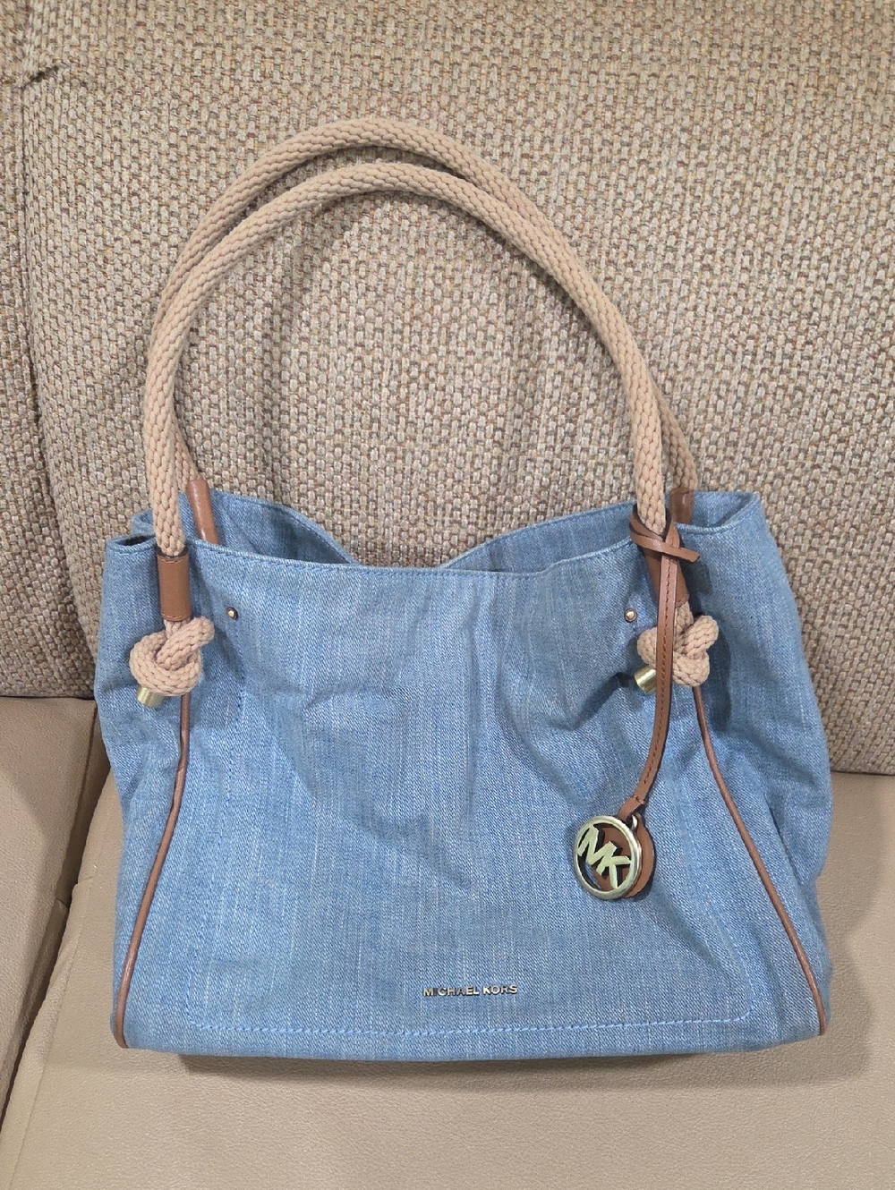 Michael Kors Light Blue Denim Tote with Beige Rope Handles